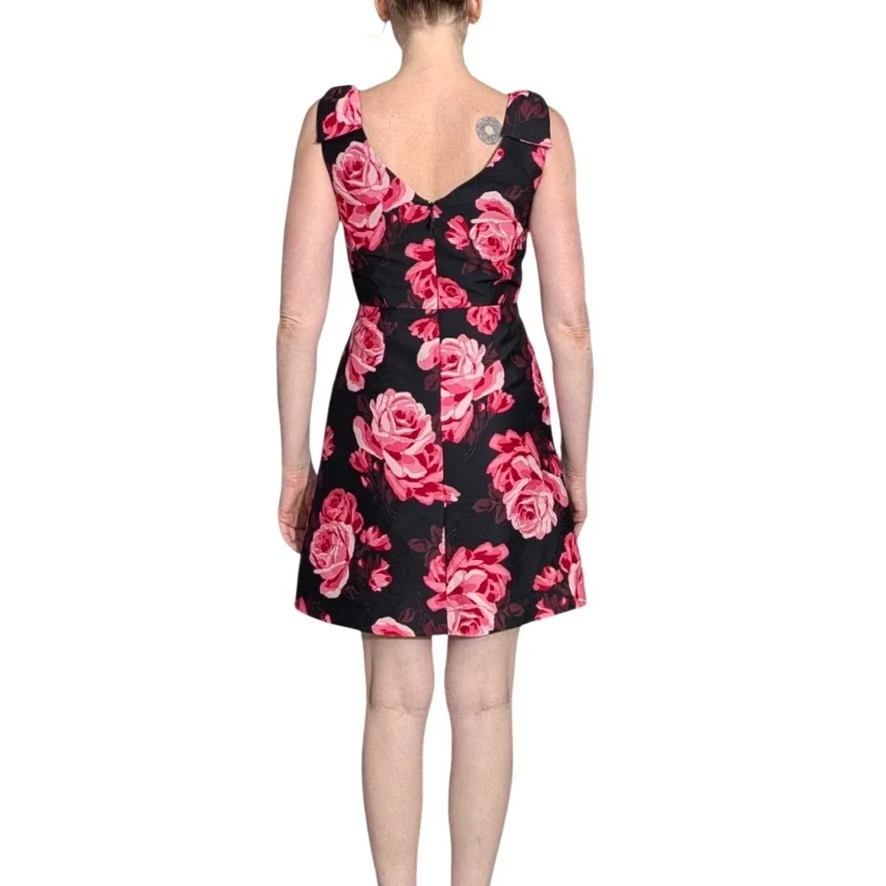 Kate Spade New York Rosa A-Line Rose Print Bow Shoulder Dress Black Pink Size 2‎